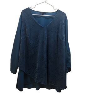 ZAC & RACHEL Woman Plus 1X Velvet Untamed Animal Print Burnout Top Teal Blue